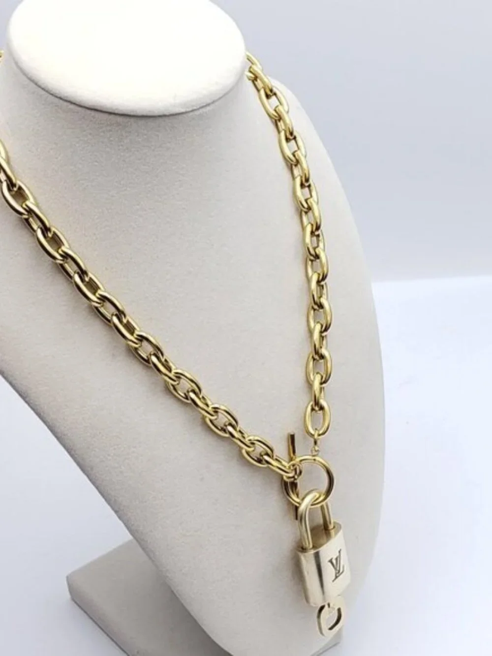 Authentic Louis Vuitton Gold Padlock w/Unbranded Stainless Steel Chain Necklace